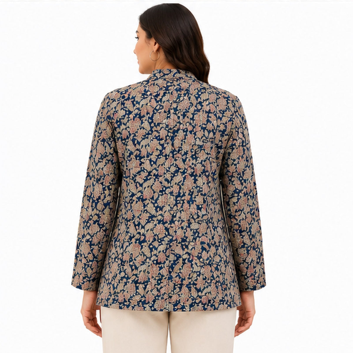 Women’s Navy Blue Printed Jacket – Full Sleeve Button-Front Floral Pattern Jacket-4