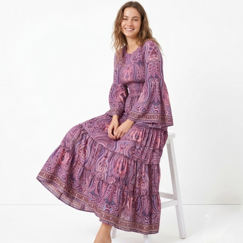 Women's Lavender Printed Tiered Maxi Dress-1