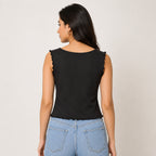 Women's Luxury Ruched Front Ribbed Black Crop Top with Lettuce Edge Trims-4