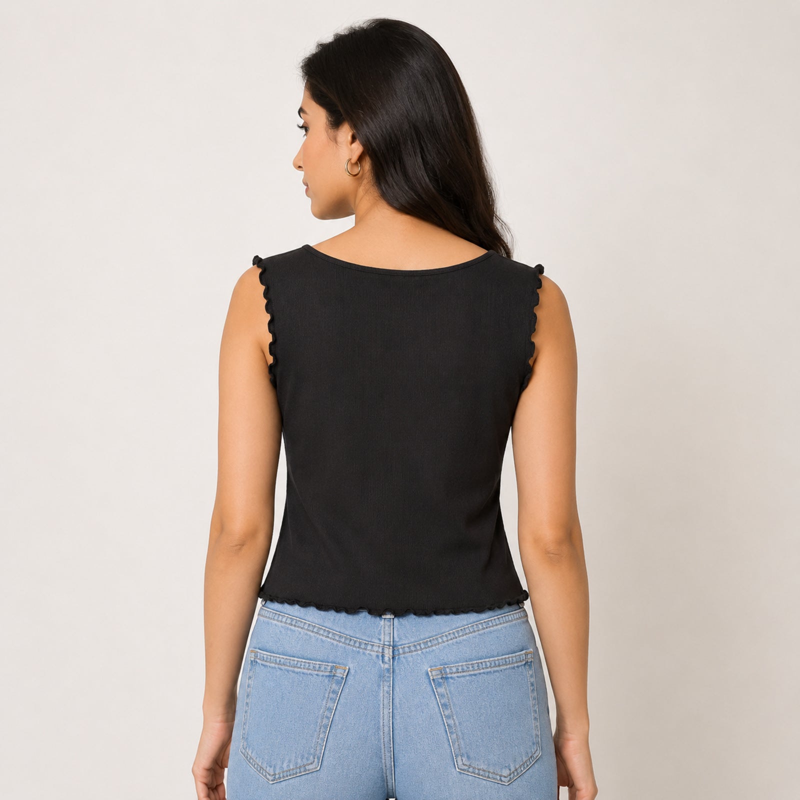 Women's Luxury Ruched Front Ribbed Black Crop Top with Lettuce Edge Trims-4