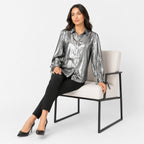 Women's Silver Metallic Button-Down Shirt | Collared Full Sleeve Party & Casual Top-2