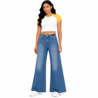 Women's Faded Blue Ultra Wide Leg Jeans | High-Rise Flared Premium Denim-1