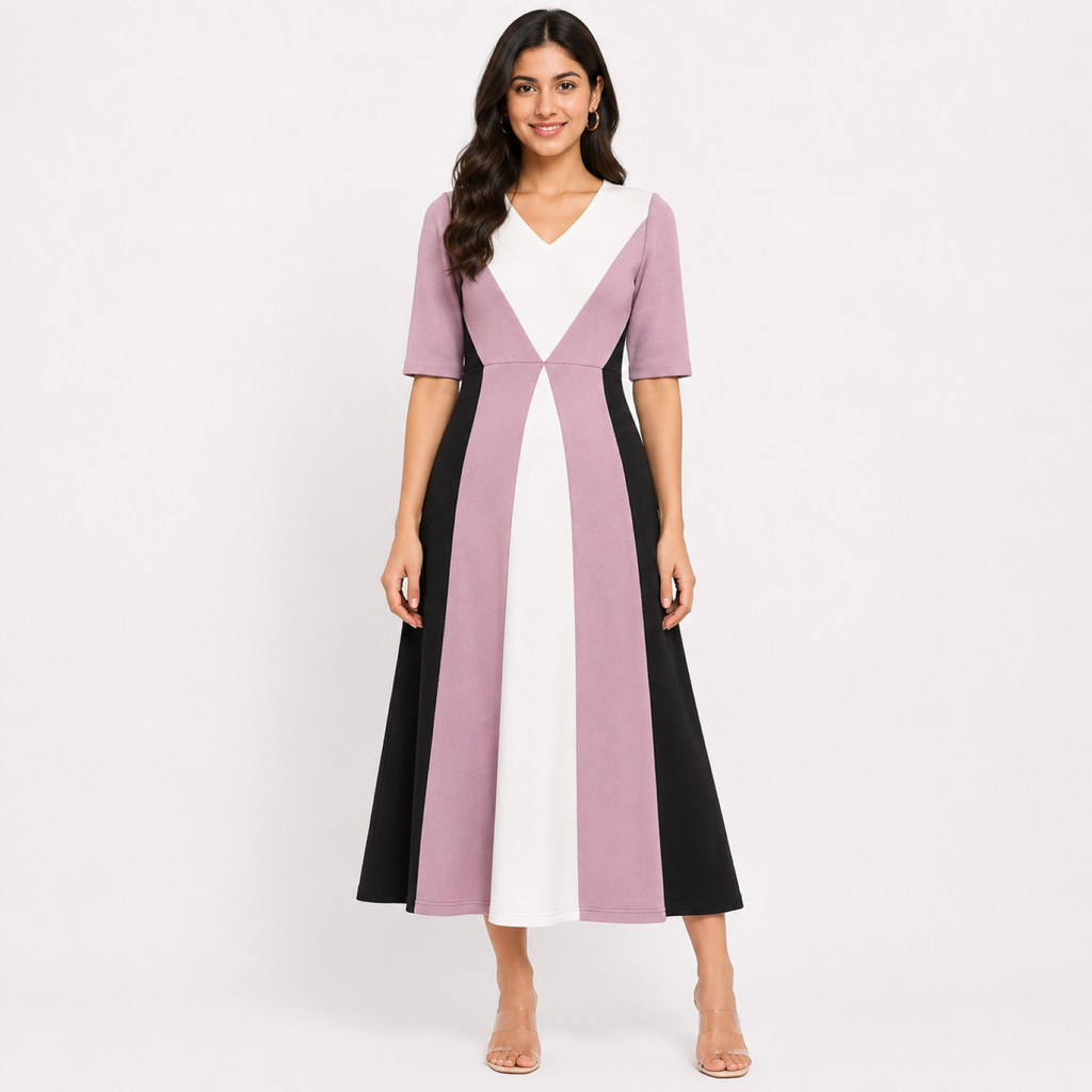 Women's Pink Color Block V-Neck Half Sleeve Maxi Dress-3