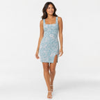 Women's Sky Blue Floral Print Square Neck Bodycon Mini Dress with Side Slit-1