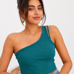 Women's Teal One-Shoulder Ribbed Crop Top | Slim Fit Casual Stretch Top-3