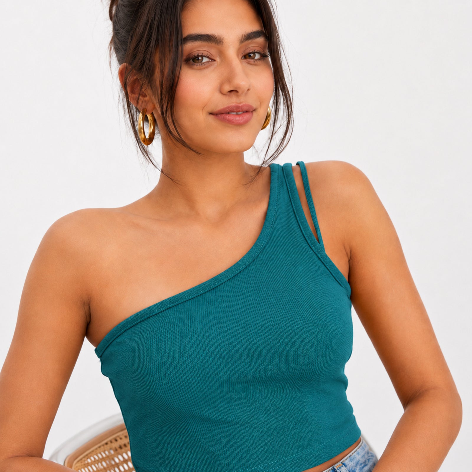 Women's Teal One-Shoulder Ribbed Crop Top | Slim Fit Casual Stretch Top-3