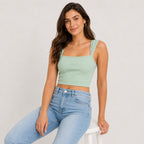 Women's Sage Aura Green Ribbed Square Neck Crop Tank Top-2