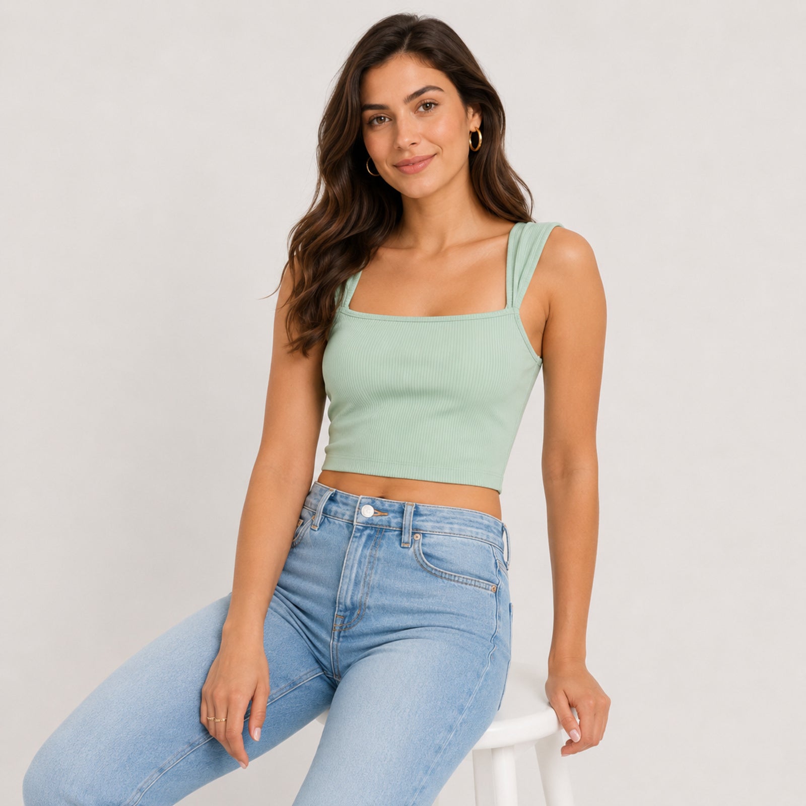 Women's Sage Aura Green Ribbed Square Neck Crop Tank Top-2