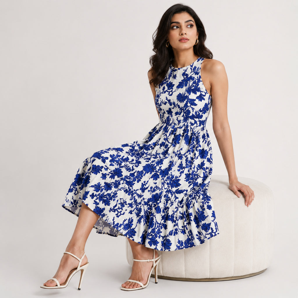 Women's Blue Floral Halter Neck Maxi Dress-2