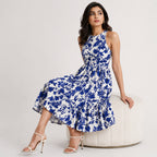 Women's Blue Floral Halter Neck Maxi Dress-2
