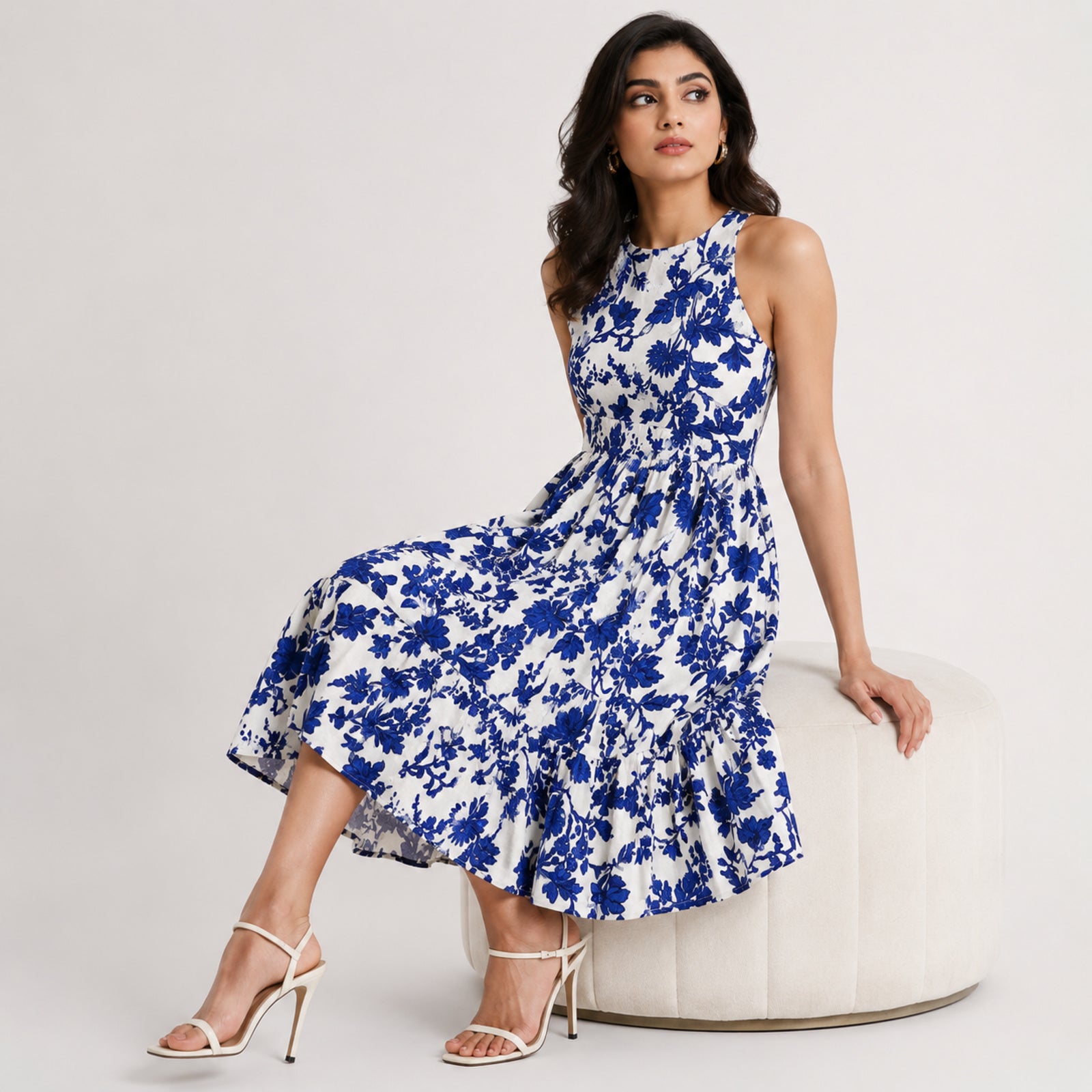 Women's Blue Floral Halter Neck Maxi Dress-2