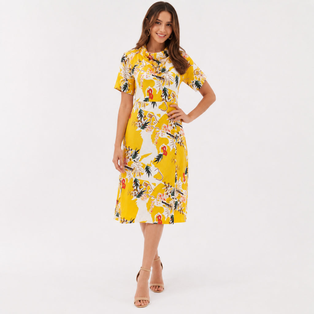 Women's Yellow Floral Fit & Flare Dress-3