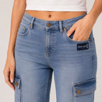 Women's Sleek High-Waist Wide-Leg Light Blue Denim Cargo Jeans-2