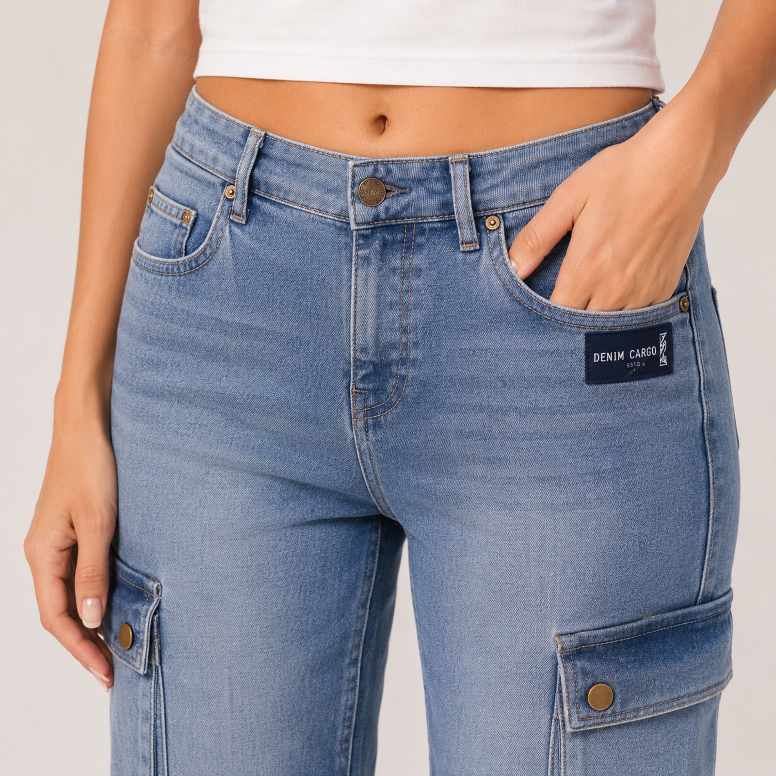 Women's Sleek High-Waist Wide-Leg Light Blue Denim Cargo Jeans-2