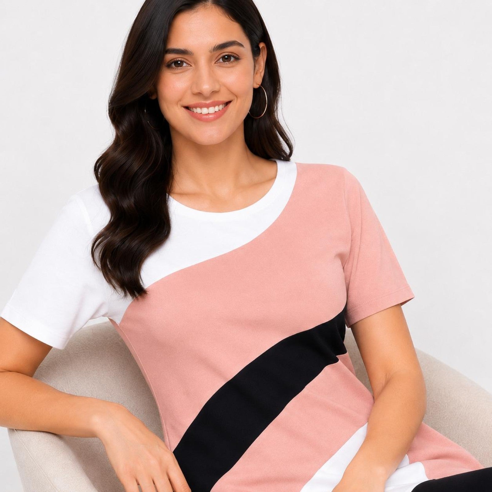Women's Peach Abstract Color Block Round Neck A-Line Midi Dress-4