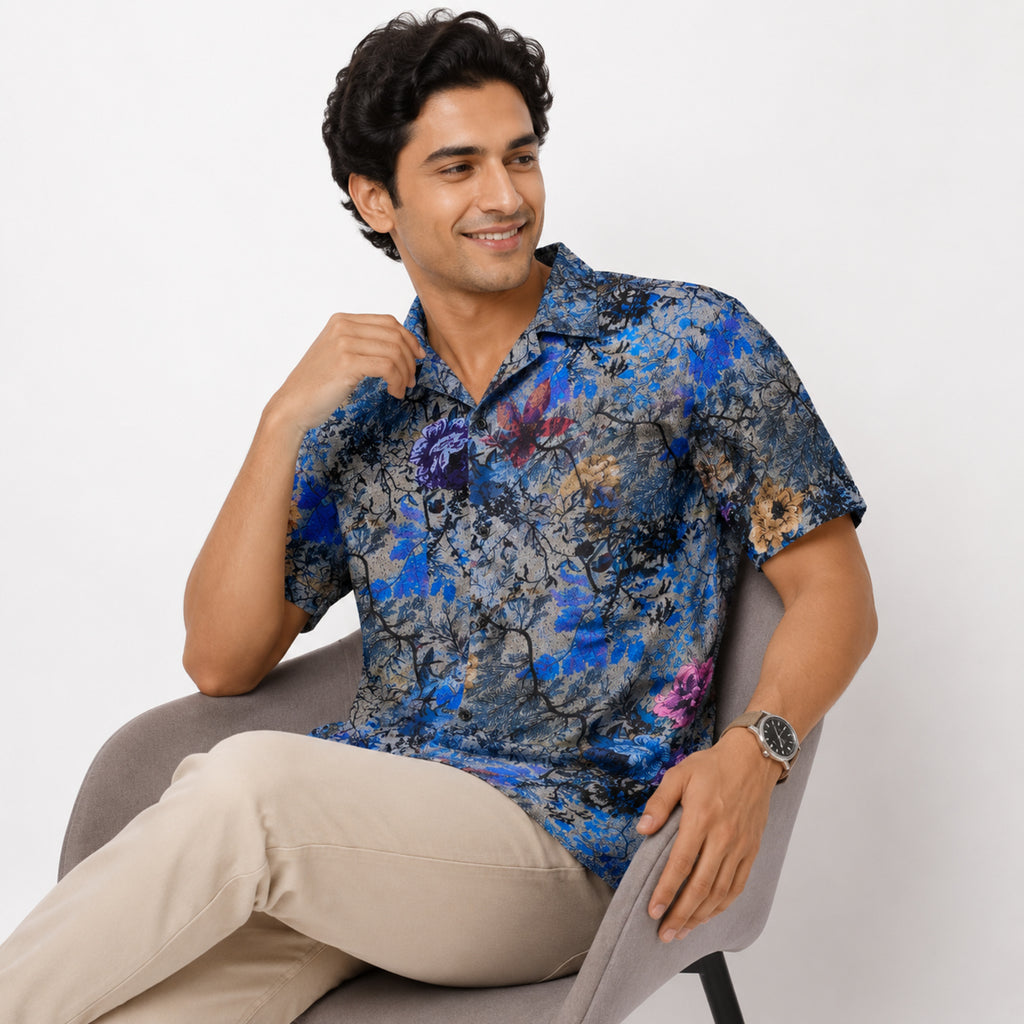 Men's Navy Blue Floral Print Half Sleeve Casual Shirt-3