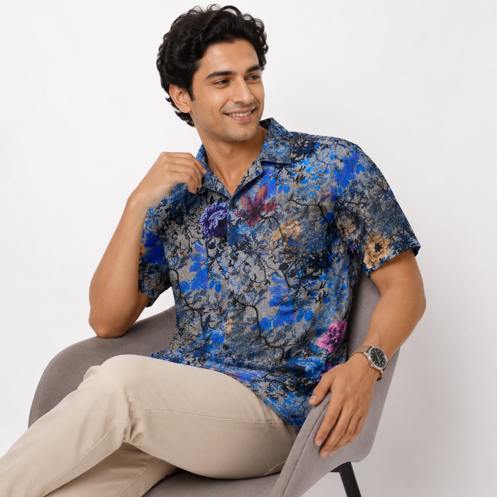 Men's Navy Blue Floral Print Half Sleeve Casual Shirt-3