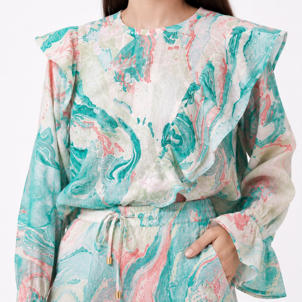 Women's Elegant Marble Print Ruffle Co-Ord Set with Flared Sleeves & Wide Leg Pants-2