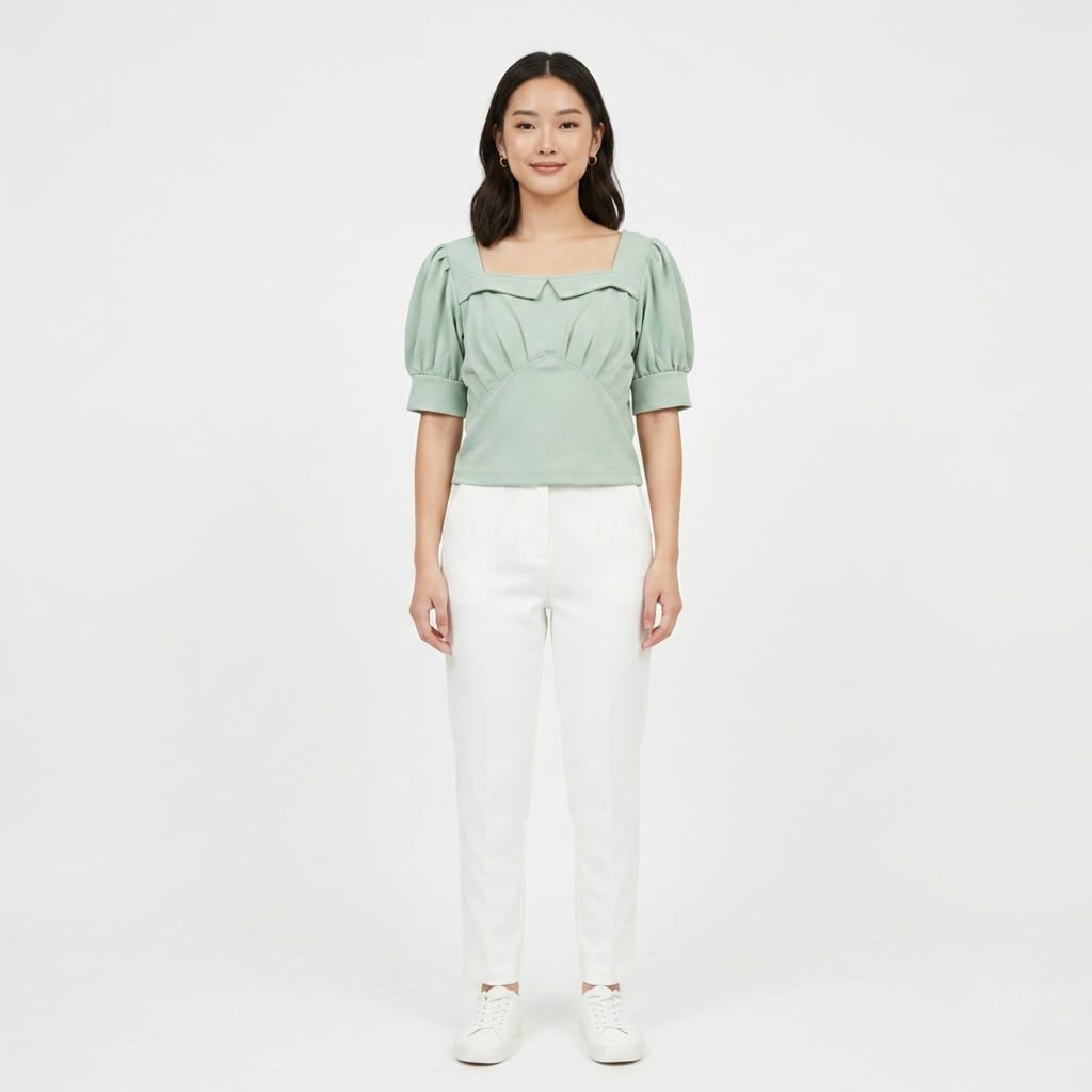 Women's Parrot Green Puff Sleeve Square Neck Top-1