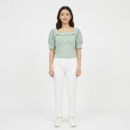 Women's Parrot Green Puff Sleeve Square Neck Top-1