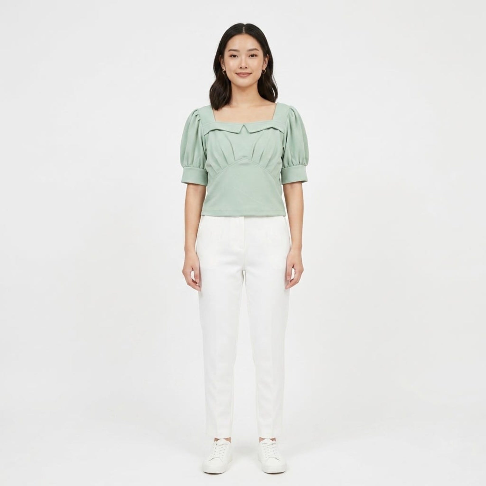 Women's Parrot Green Puff Sleeve Square Neck Top-1