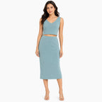 Women's Smoke Blue Sleeveless Crop Top & Midi Skirt Co-Ord Set-1