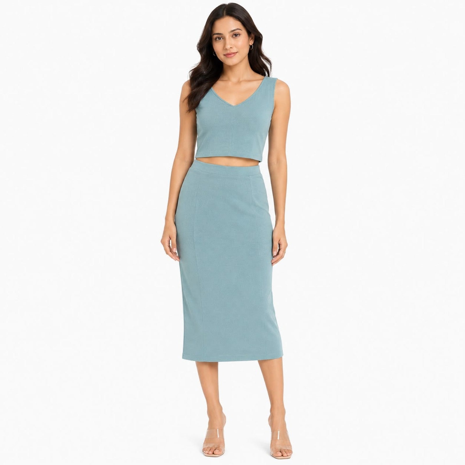 Women's Smoke Blue Sleeveless Crop Top & Midi Skirt Co-Ord Set-1