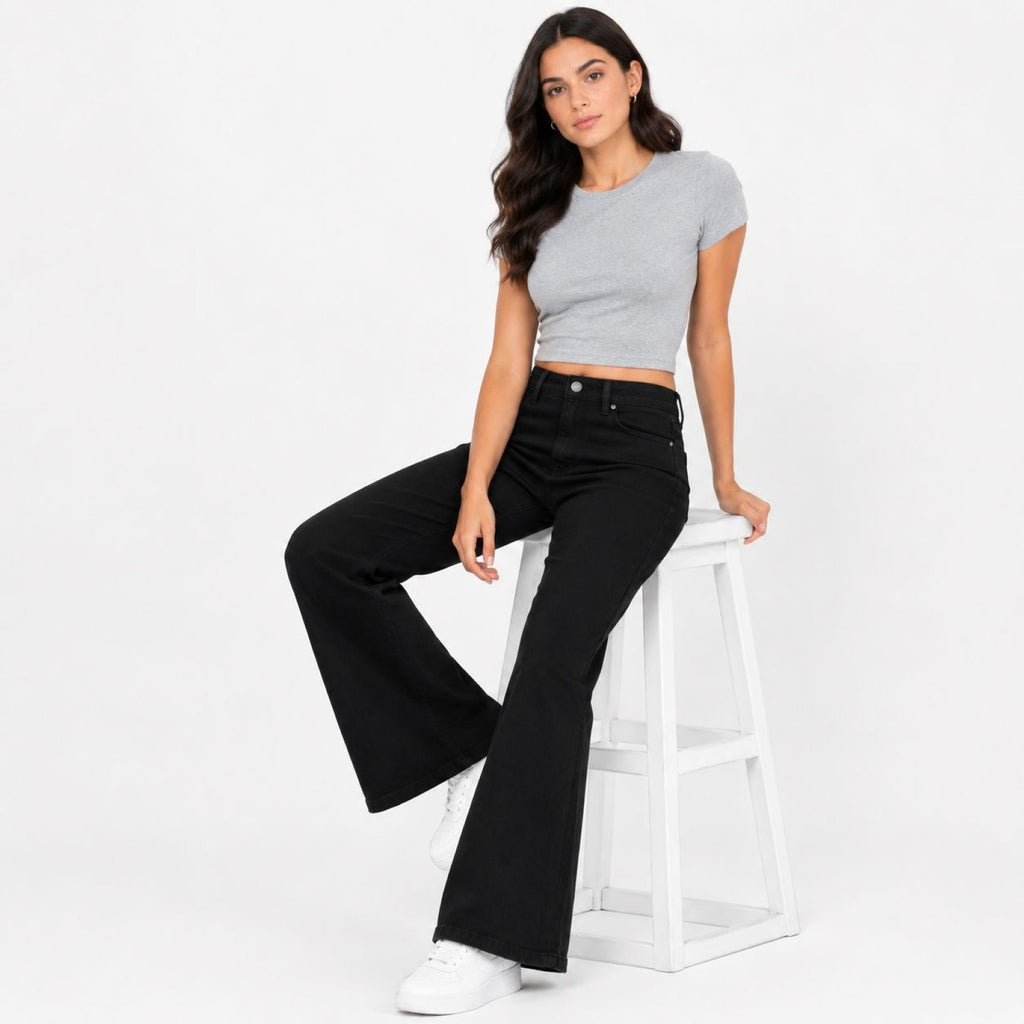Women's Black Flared Wide Leg Jeans | High-Rise Premium Denim-2