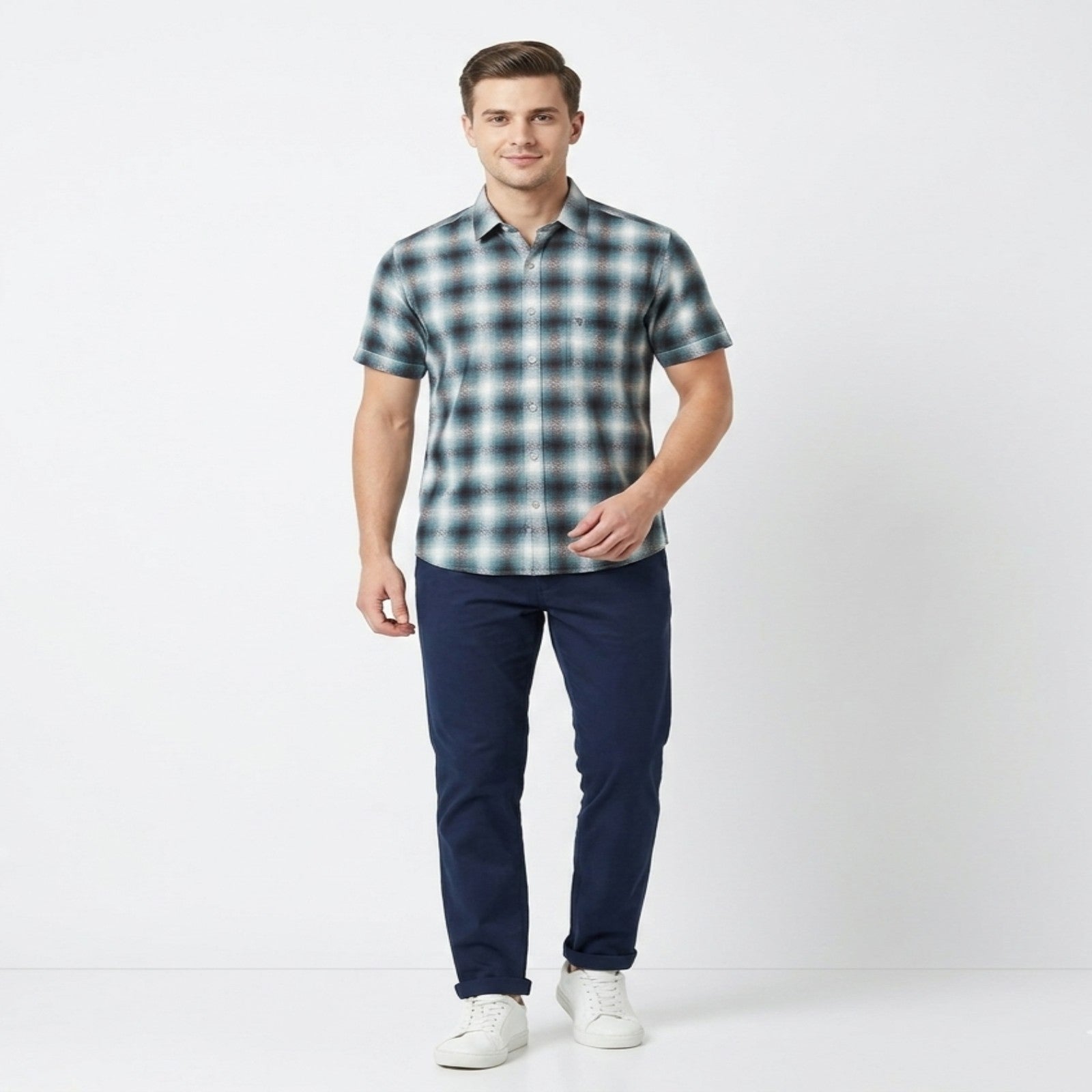 Men's Blue Checked Casual Half Sleeve Shirt-2