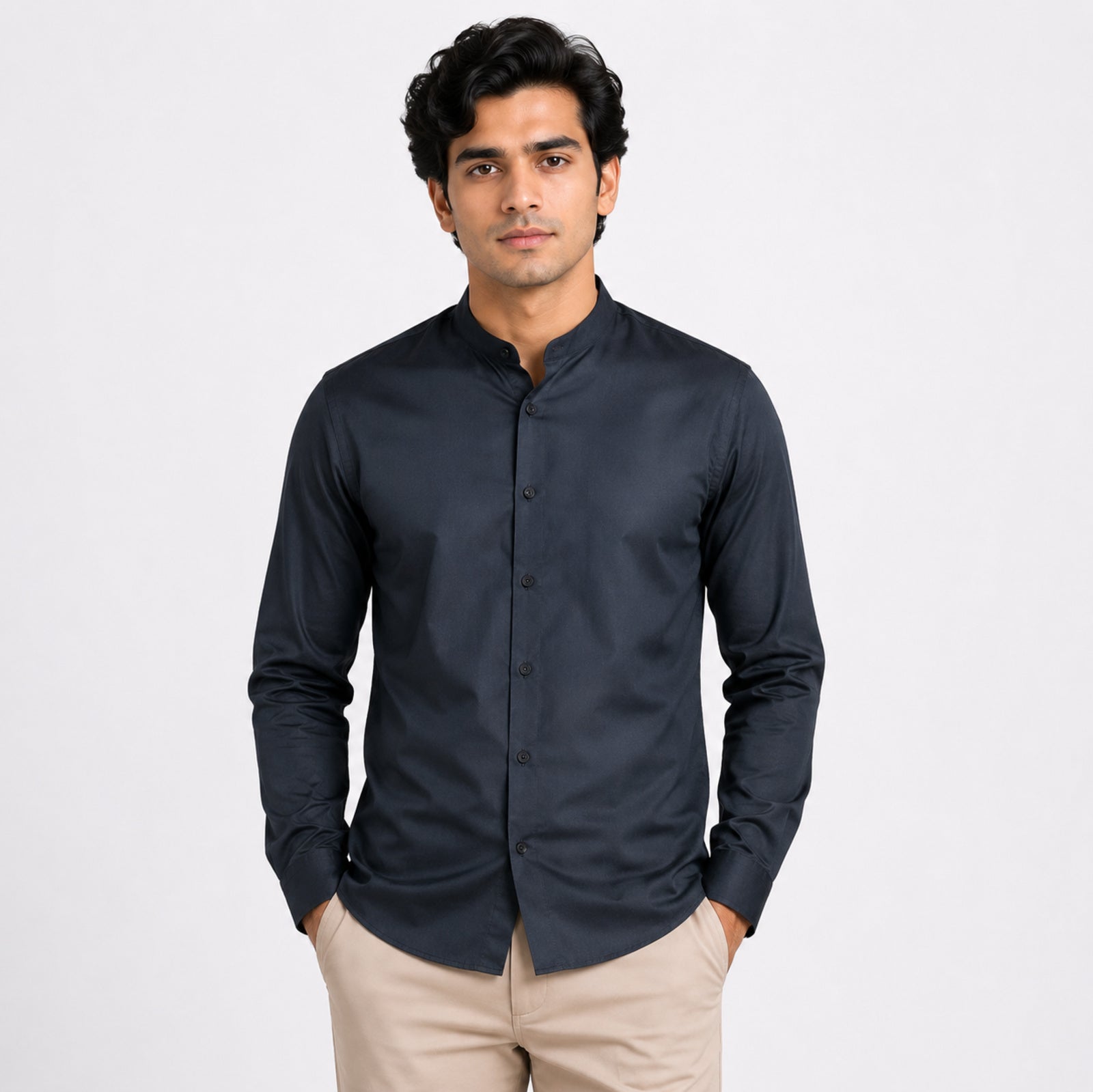 Men's Regal Navy Mandarin Collar Premium Shirt-2