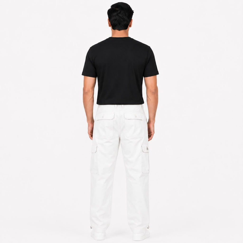 Men's White Utility Cargo Pants with Side Patch Pockets-4