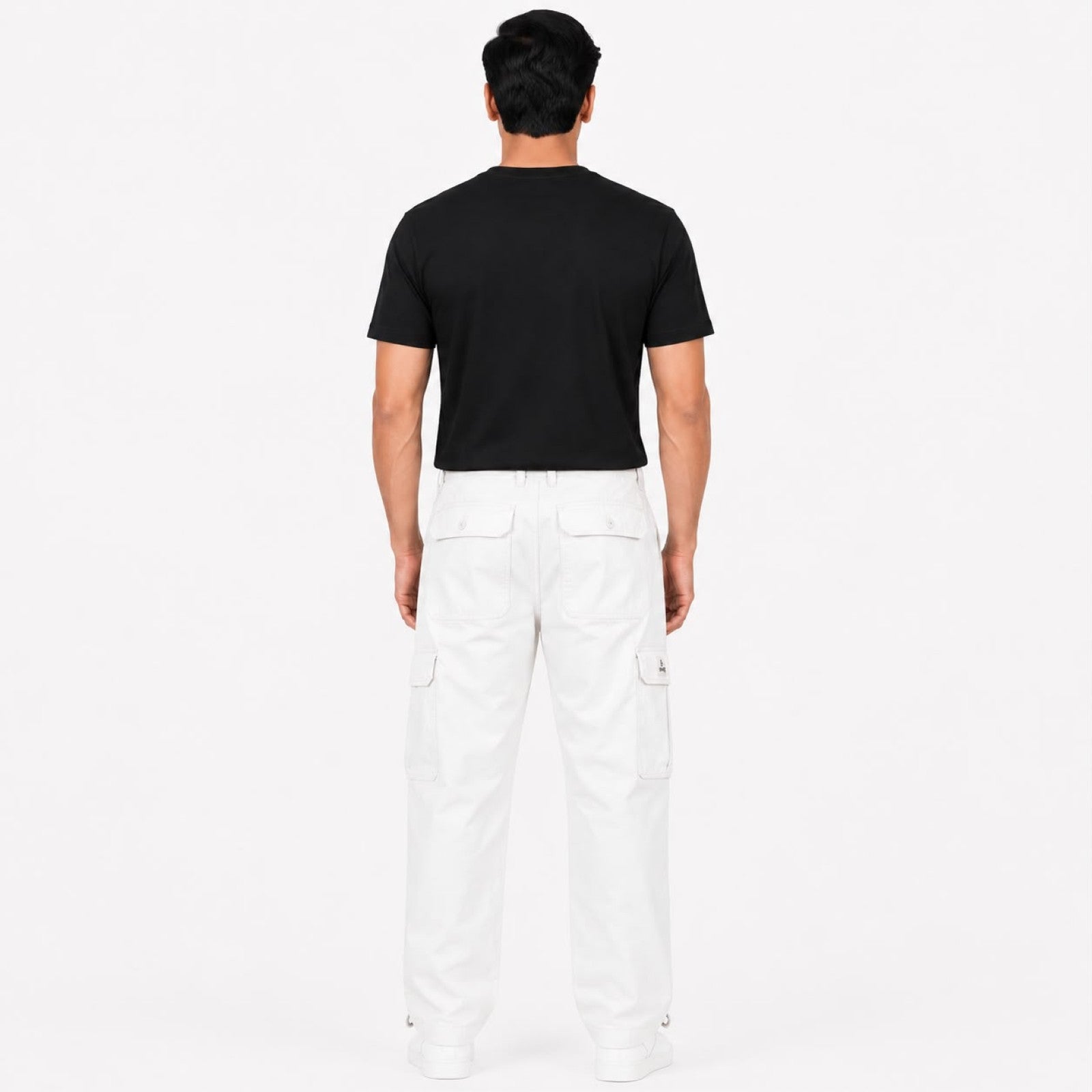 Men's White Utility Cargo Pants with Side Patch Pockets-4