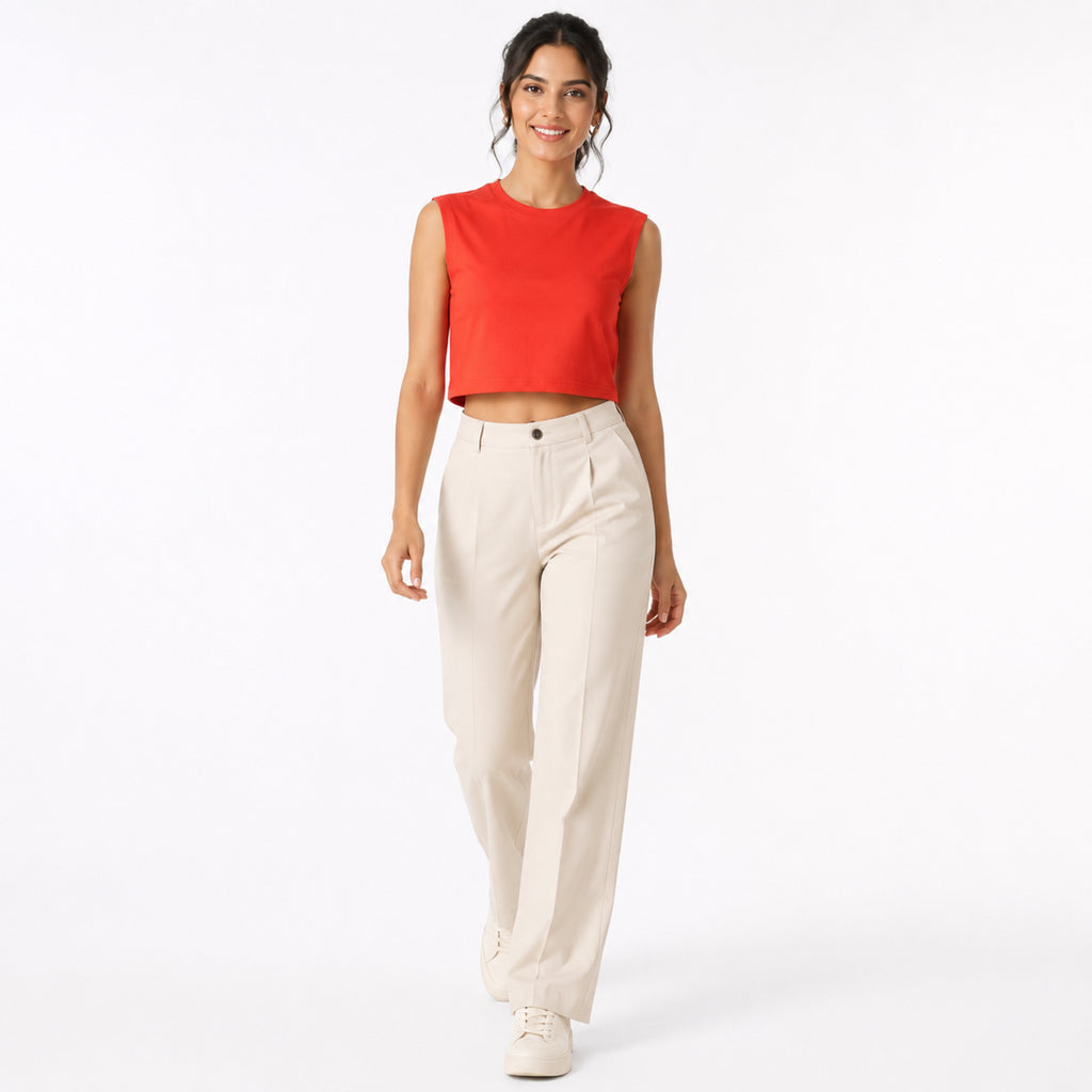 Women's Red Structured Shoulder Sleeveless Crop Top | Solid Minimal Statement Tee-1