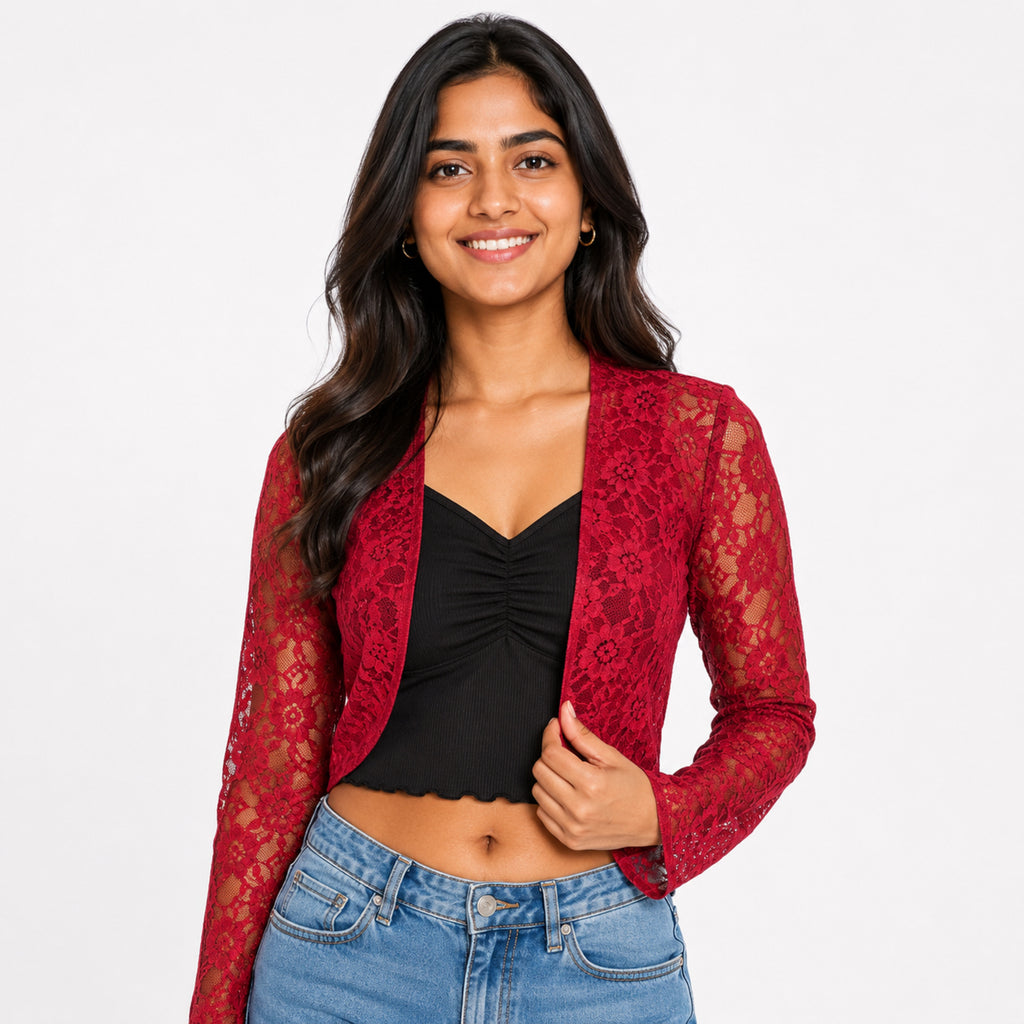 Women's Regal Maroon Sheer Floral Lace Shrug Blazer-1