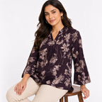 Women's Brown Floral Print V-Neck Flared Top with Three-Quarter Bell Sleeves-3