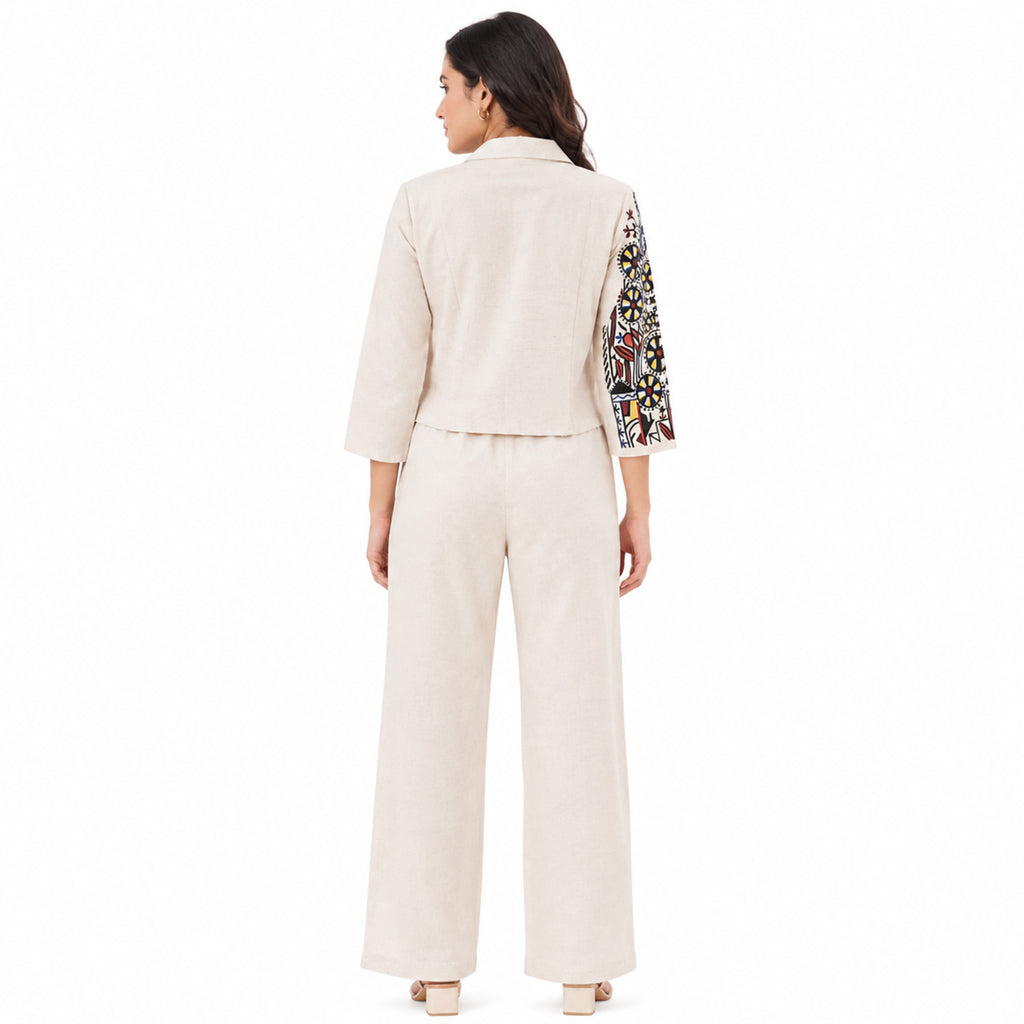 Women's Ivory Printed Cropped Blazer Co-Ord Set-4