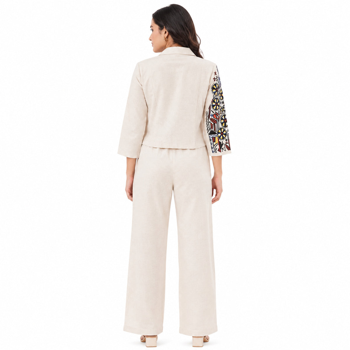 Women's Ivory Printed Cropped Blazer Co-Ord Set-4