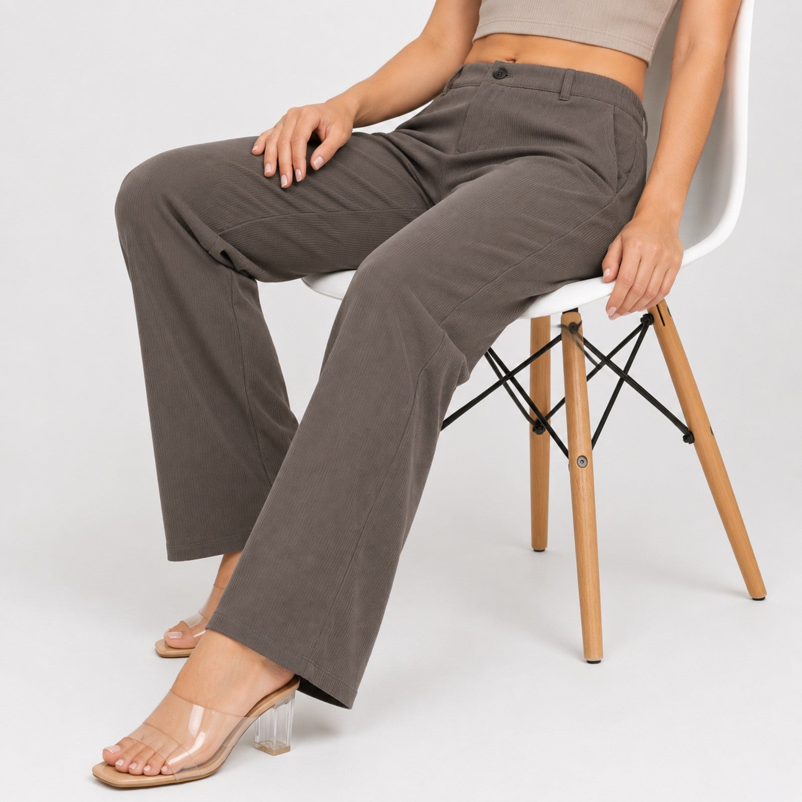 Women's Elegant Light Brown Ribbed Wide Leg Lounge Trousers-3