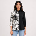 Women's Black & White Abstract Print Color Block Casual Top | Elegant Collared Smart Casual Blouse-1