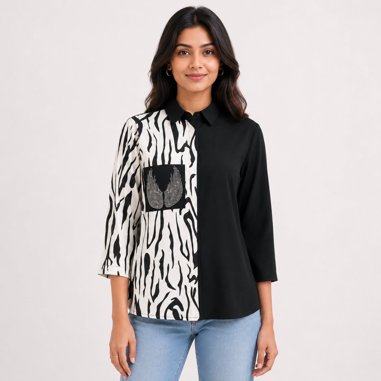 Women's Black & White Abstract Print Color Block Casual Top | Elegant Collared Smart Casual Blouse-1