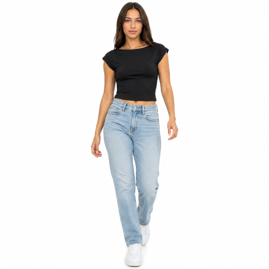 Women's Black Boat Neck Cap Sleeve Cropped Fitted Top-1