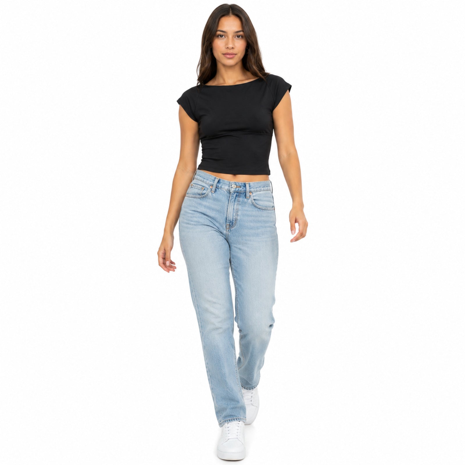 Women's Black Boat Neck Cap Sleeve Cropped Fitted Top-1