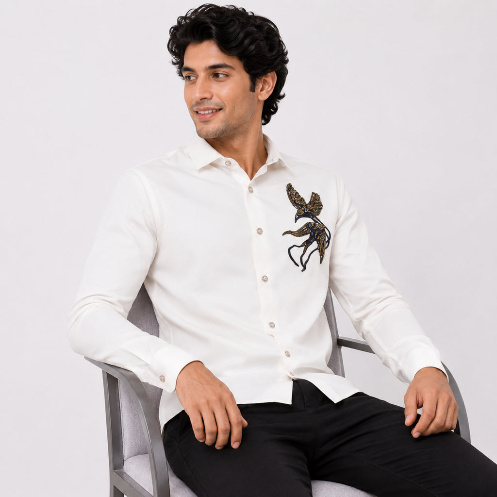 Men's White Embellished Formal Shirt-2