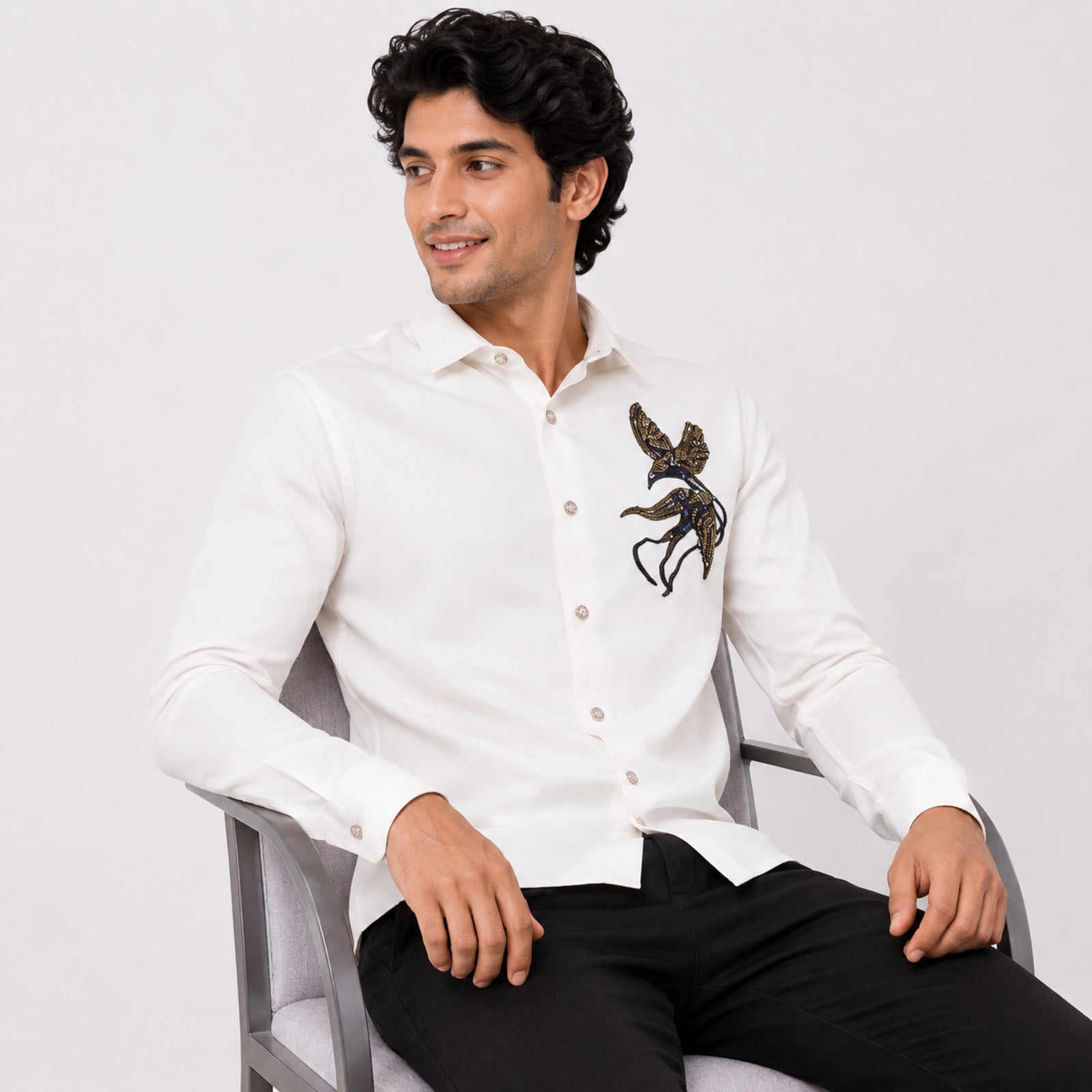 Men's White Embellished Formal Shirt-2