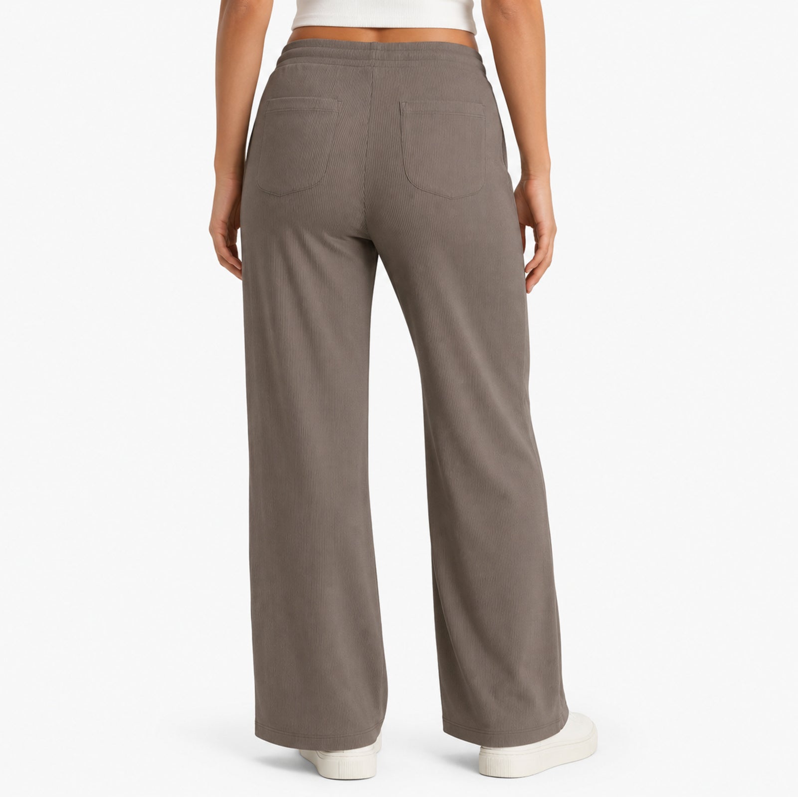 Women's Elegant Light Brown Ribbed Wide Leg Lounge Trousers-4