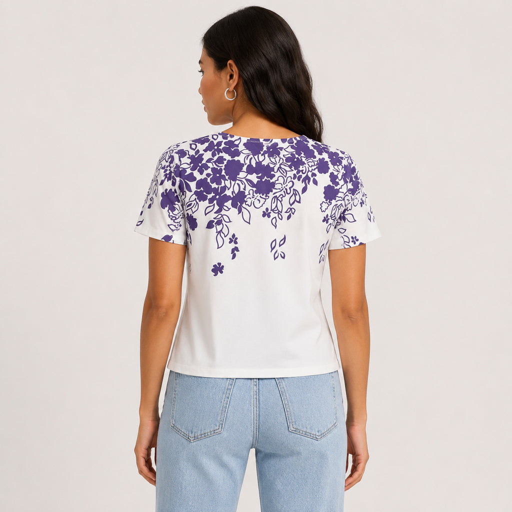 Women's White Floral Print Round Neck T-Shirt-4