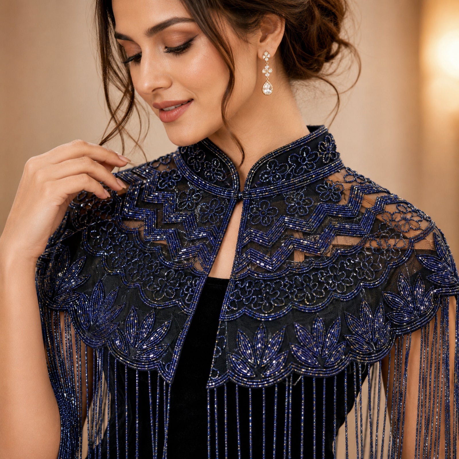 Women's Elegant Hand-Embroidered Mock Neck Navy Blue Cape with Metallic Fringe Tassel-2