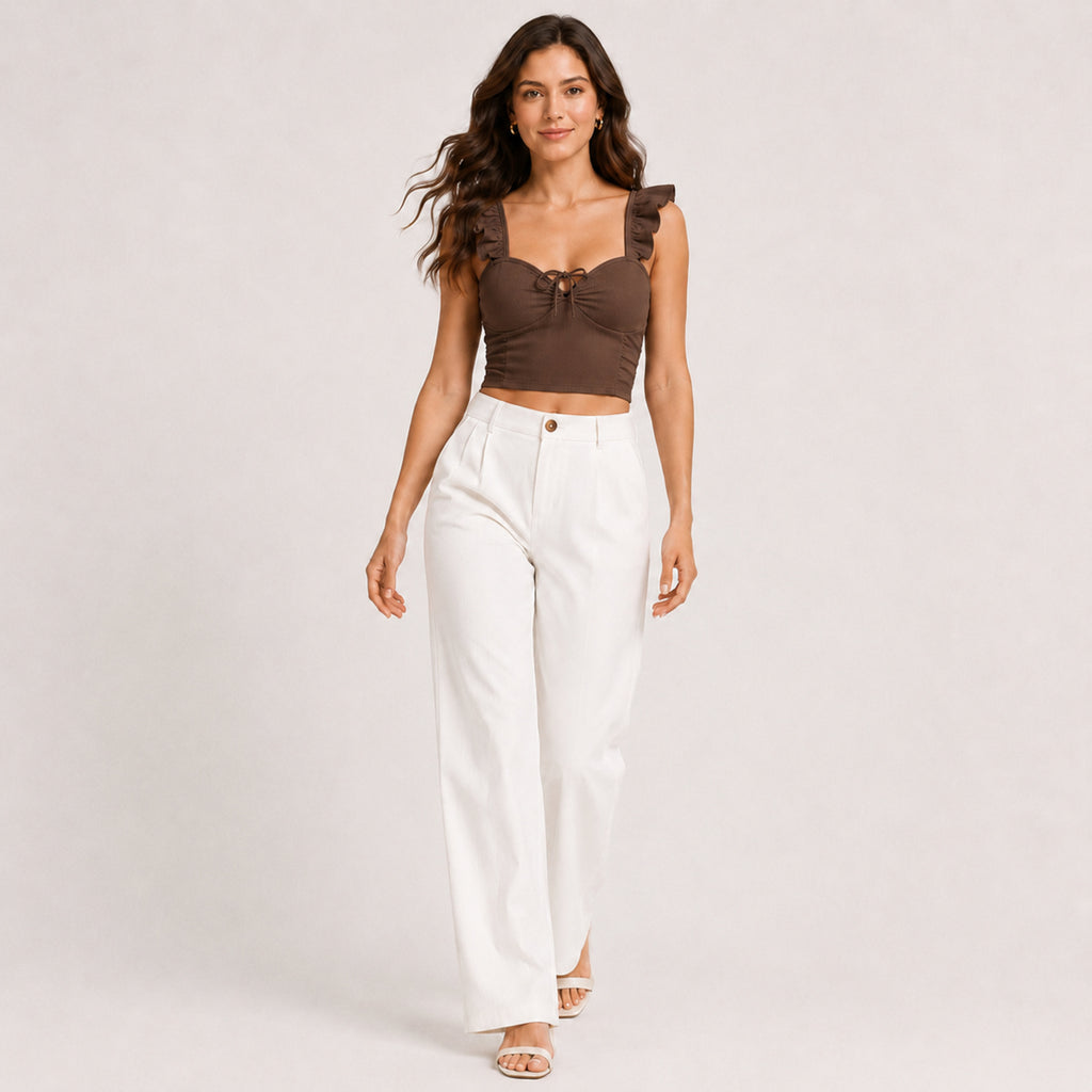 Women's Coffee Brown Ribbed Ruffle Strap Crop Top-2
