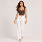 Women's Coffee Brown Ribbed Ruffle Strap Crop Top-2