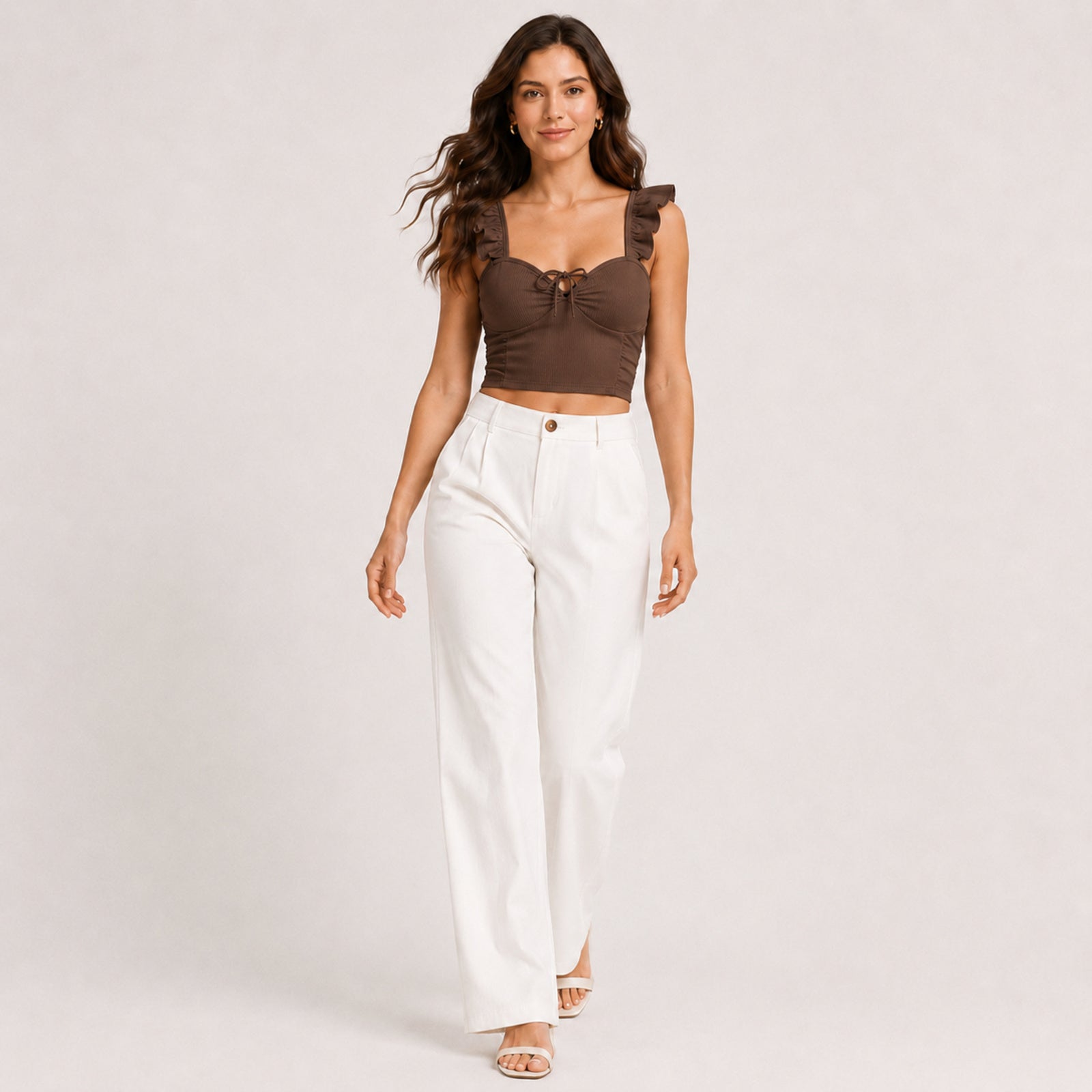 Women's Coffee Brown Ribbed Ruffle Strap Crop Top-2